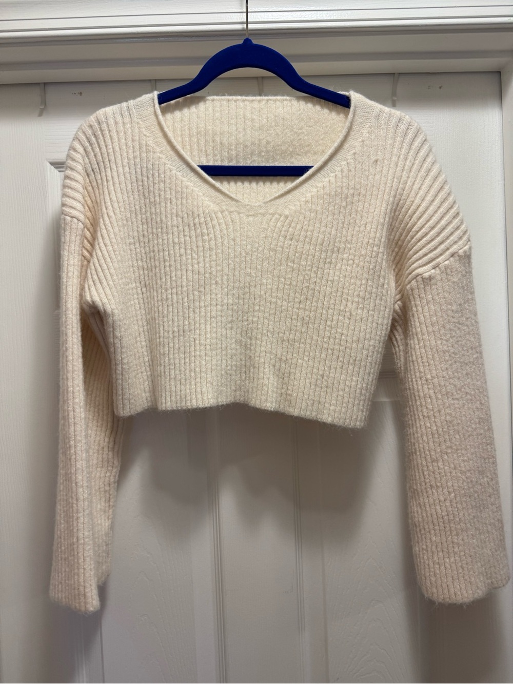 Cream Ribbed V-Neck Cropped Sweater - Women